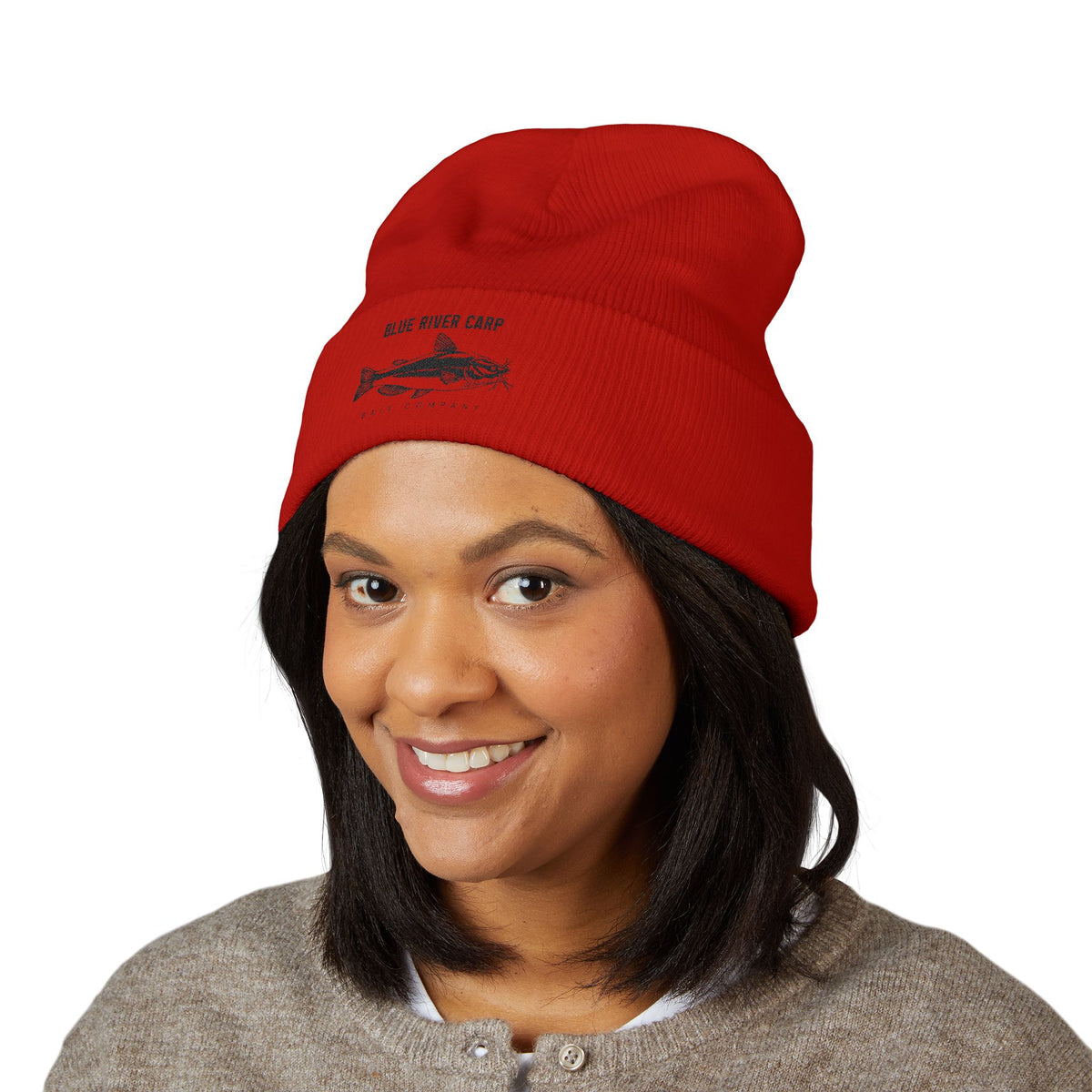 Blue River Carp Fishing Embroidered Cuffed Beanie (BK Thread)