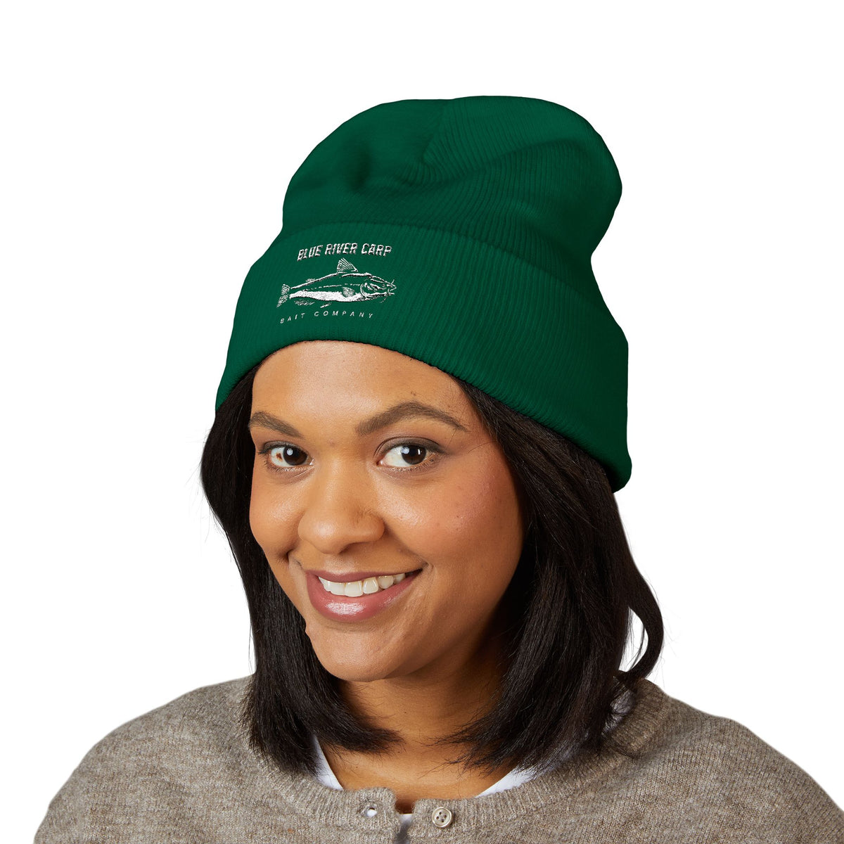 Blue River Carp Fishing Embroidered Cuffed Beanie (White Thread)