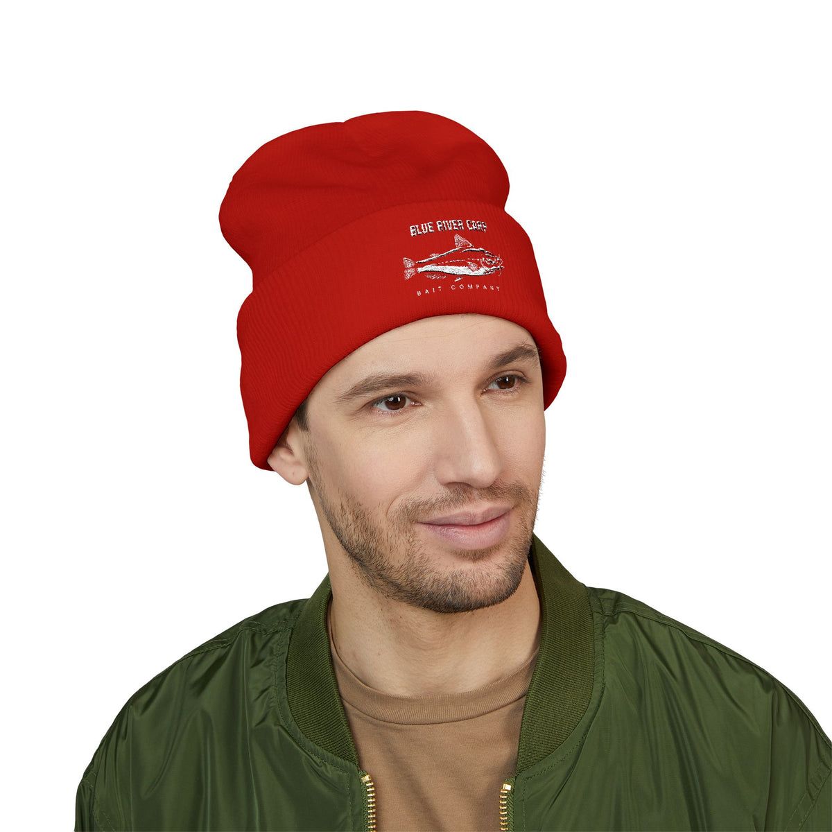 Blue River Carp Fishing Embroidered Cuffed Beanie (White Thread)