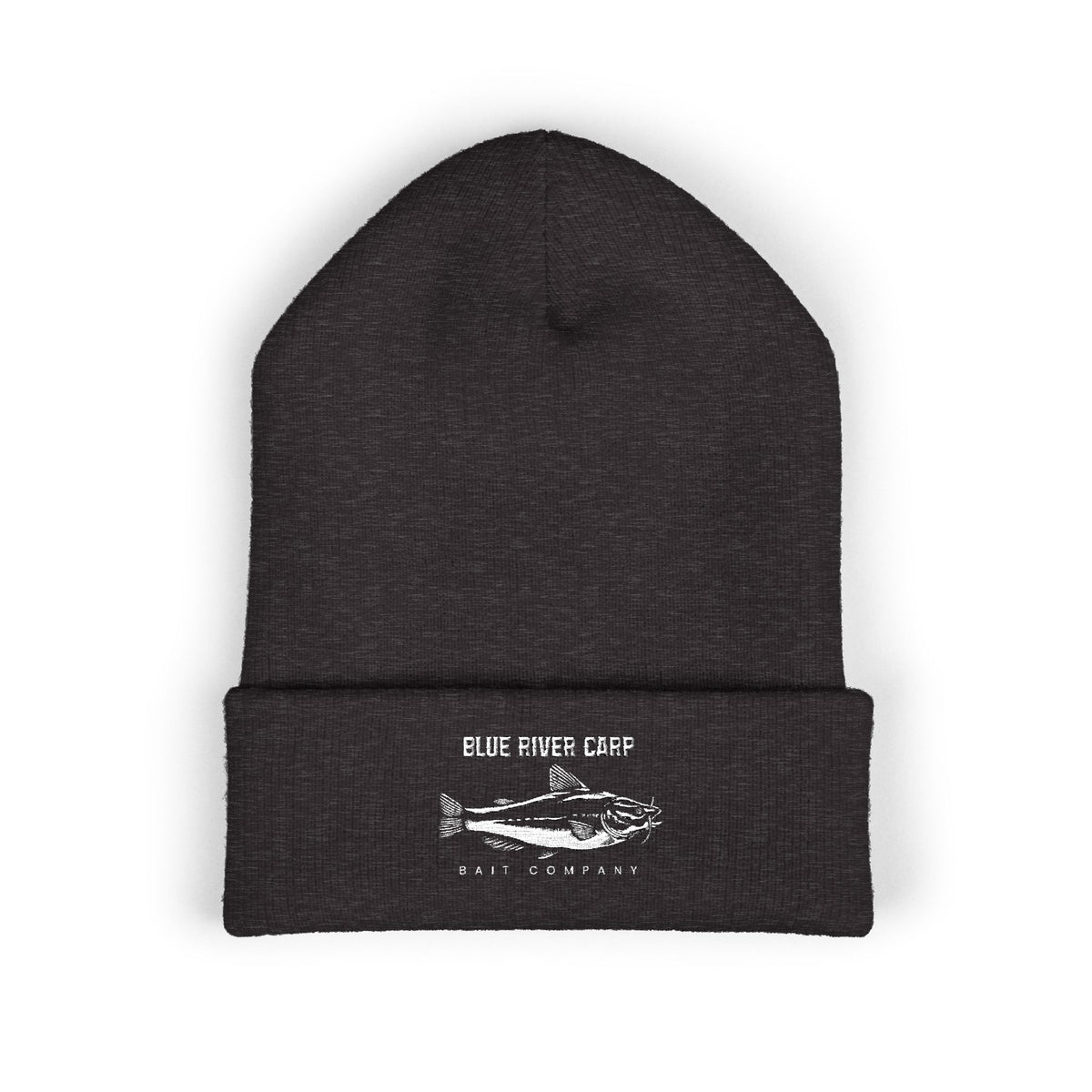 Blue River Carp Fishing Embroidered Cuffed Beanie (White Thread)