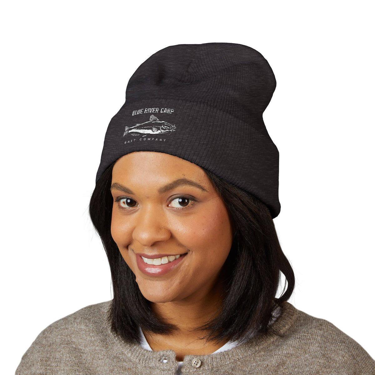 Blue River Carp Fishing Embroidered Cuffed Beanie (White Thread)