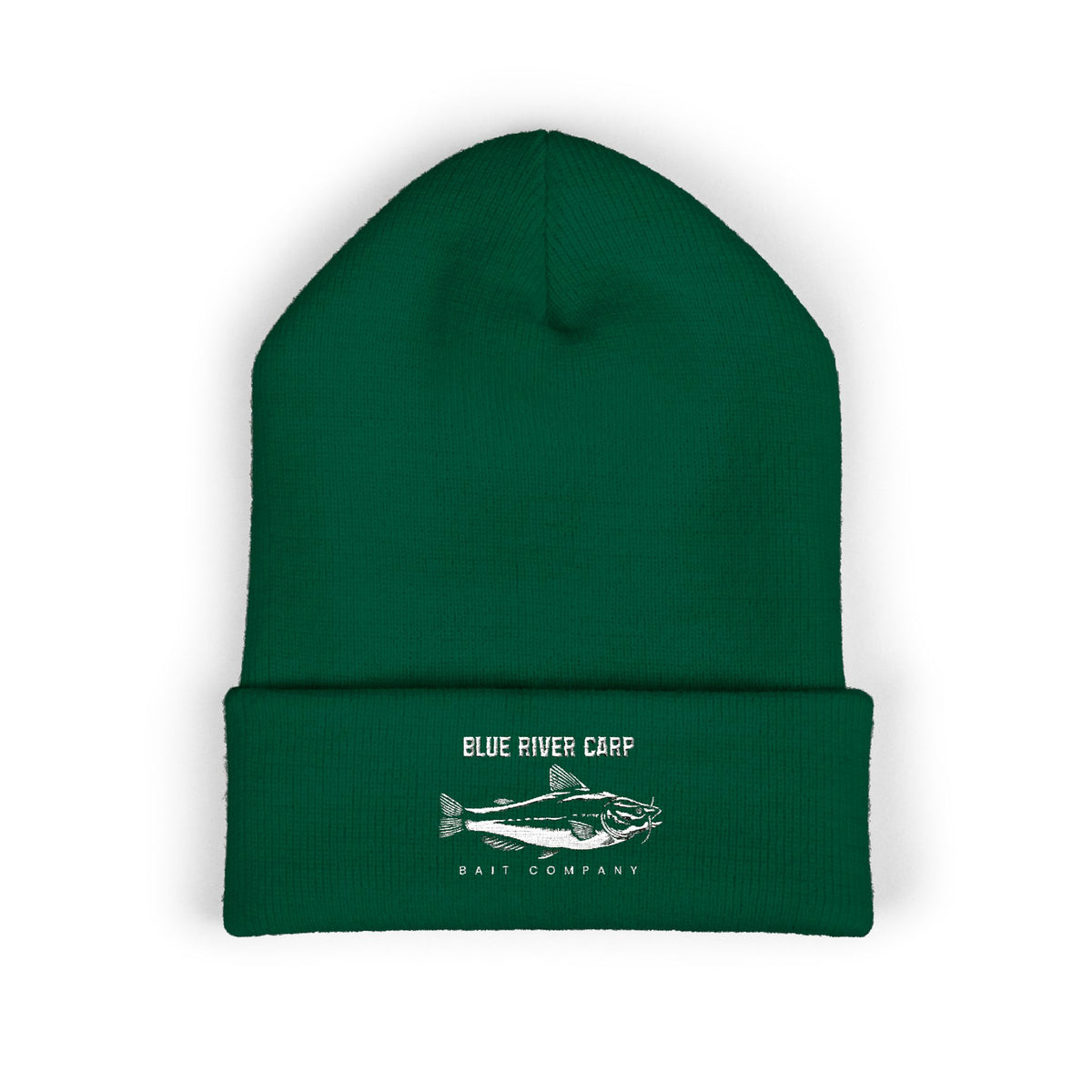 Blue River Carp Fishing Embroidered Cuffed Beanie (White Thread)