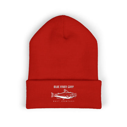 Blue River Carp Fishing Embroidered Cuffed Beanie (White Thread)