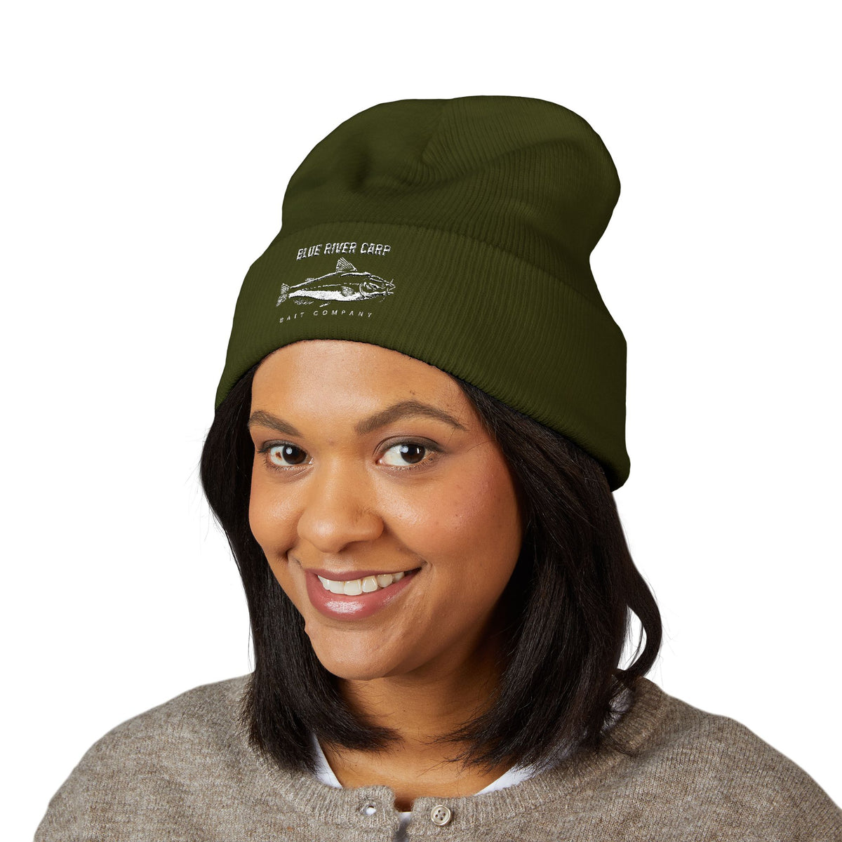 Blue River Carp Fishing Embroidered Cuffed Beanie (White Thread)