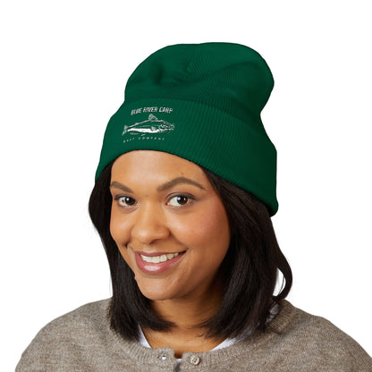 Blue River Carp Fishing Embroidered Cuffed Beanie (White Thread)