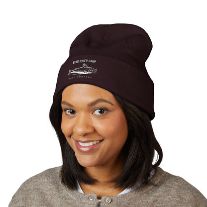 Blue River Carp Fishing Embroidered Cuffed Beanie (White Thread)