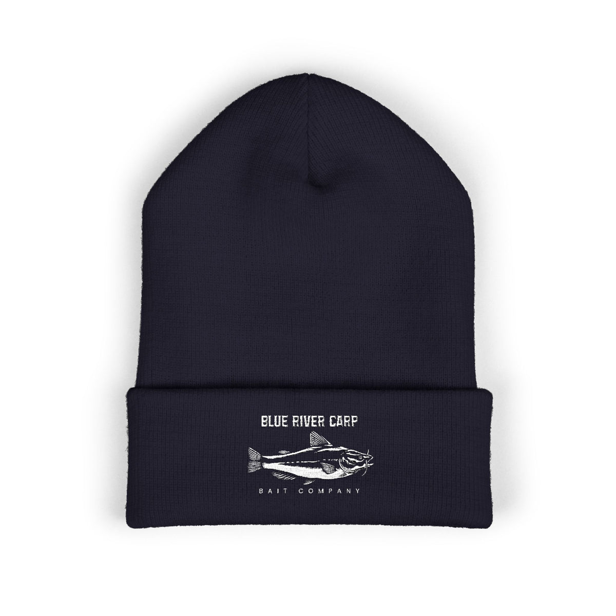 Blue River Carp Fishing Embroidered Cuffed Beanie (White Thread)