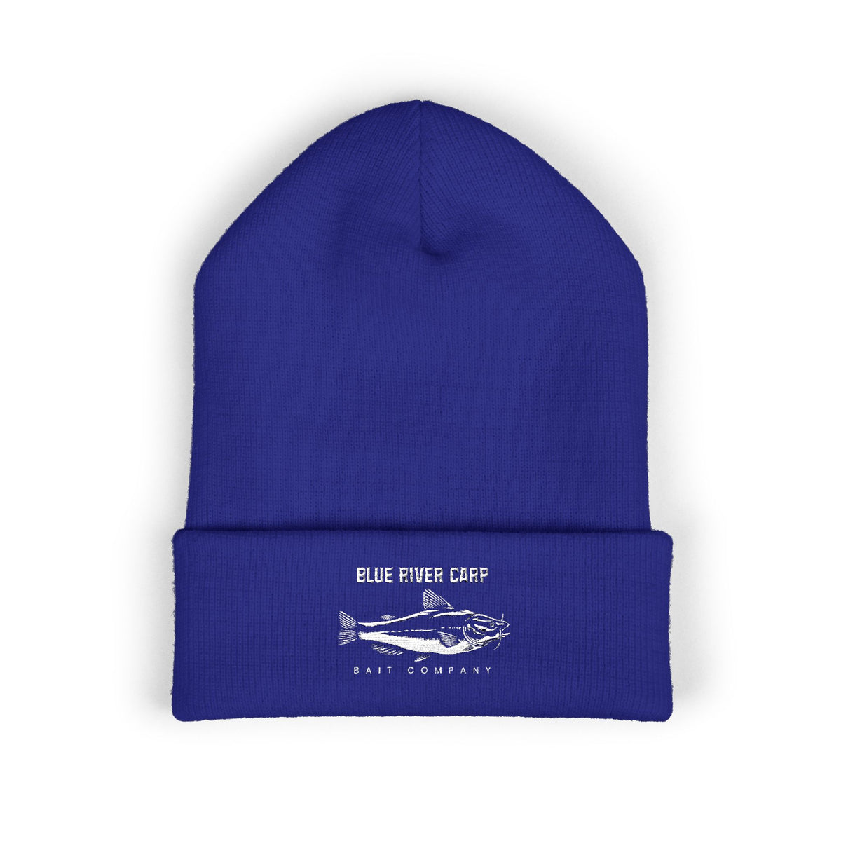 Blue River Carp Fishing Embroidered Cuffed Beanie (White Thread)