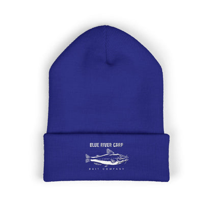 Blue River Carp Fishing Embroidered Cuffed Beanie (White Thread)