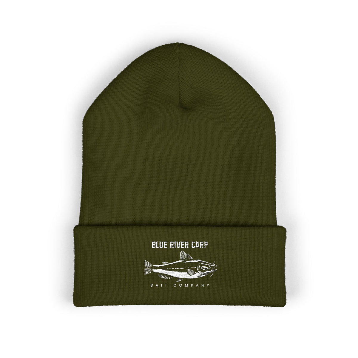 Blue River Carp Fishing Embroidered Cuffed Beanie (White Thread)