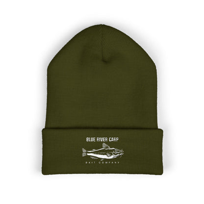 Blue River Carp Fishing Embroidered Cuffed Beanie (White Thread)