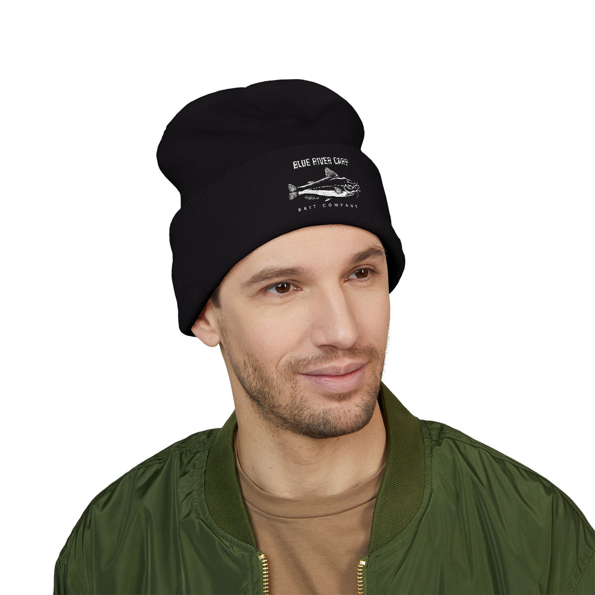 Blue River Carp Fishing Embroidered Cuffed Beanie (White Thread)