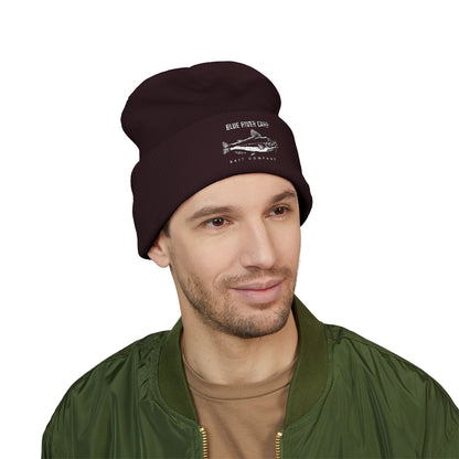 Blue River Carp Fishing Embroidered Cuffed Beanie (White Thread)