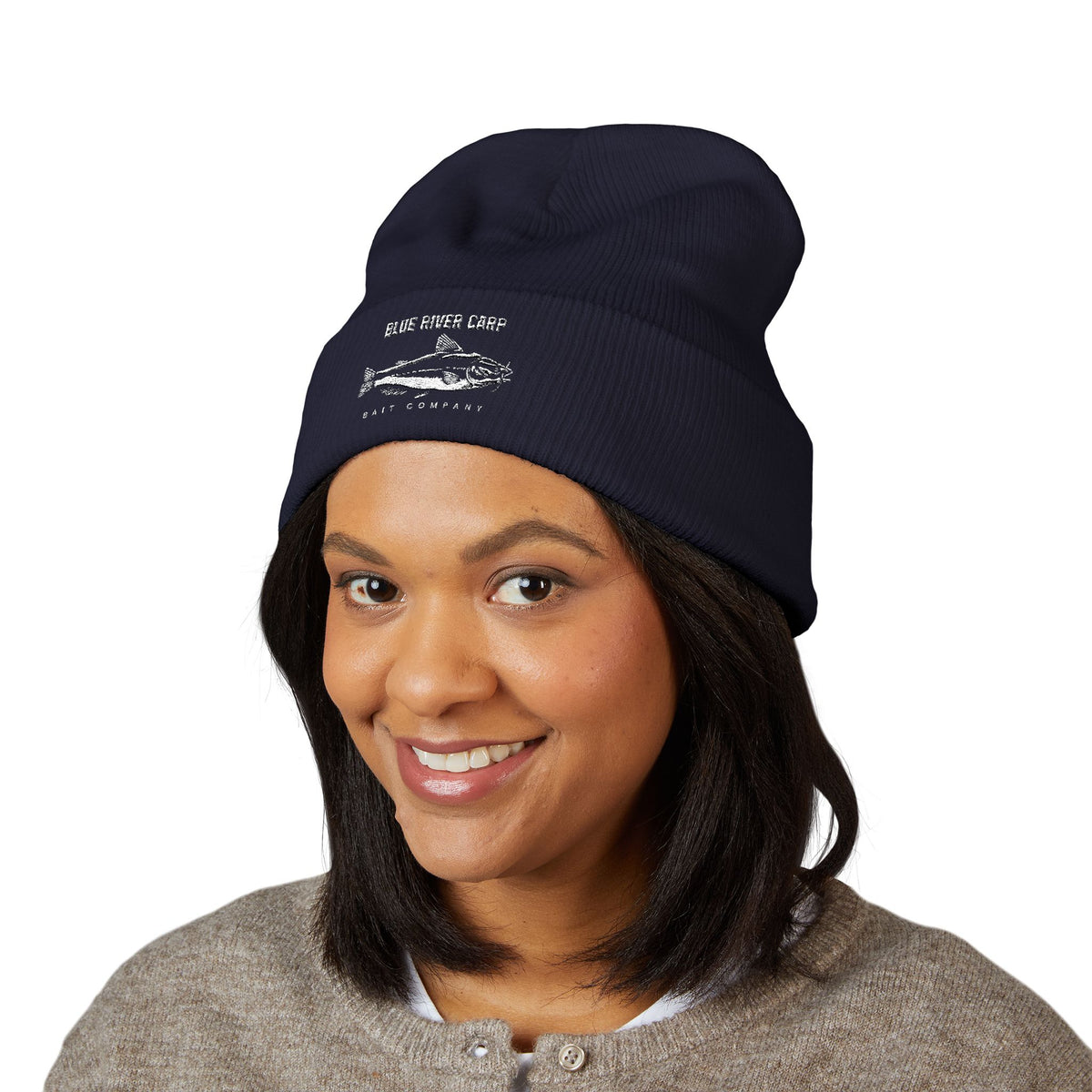 Blue River Carp Fishing Embroidered Cuffed Beanie (White Thread)