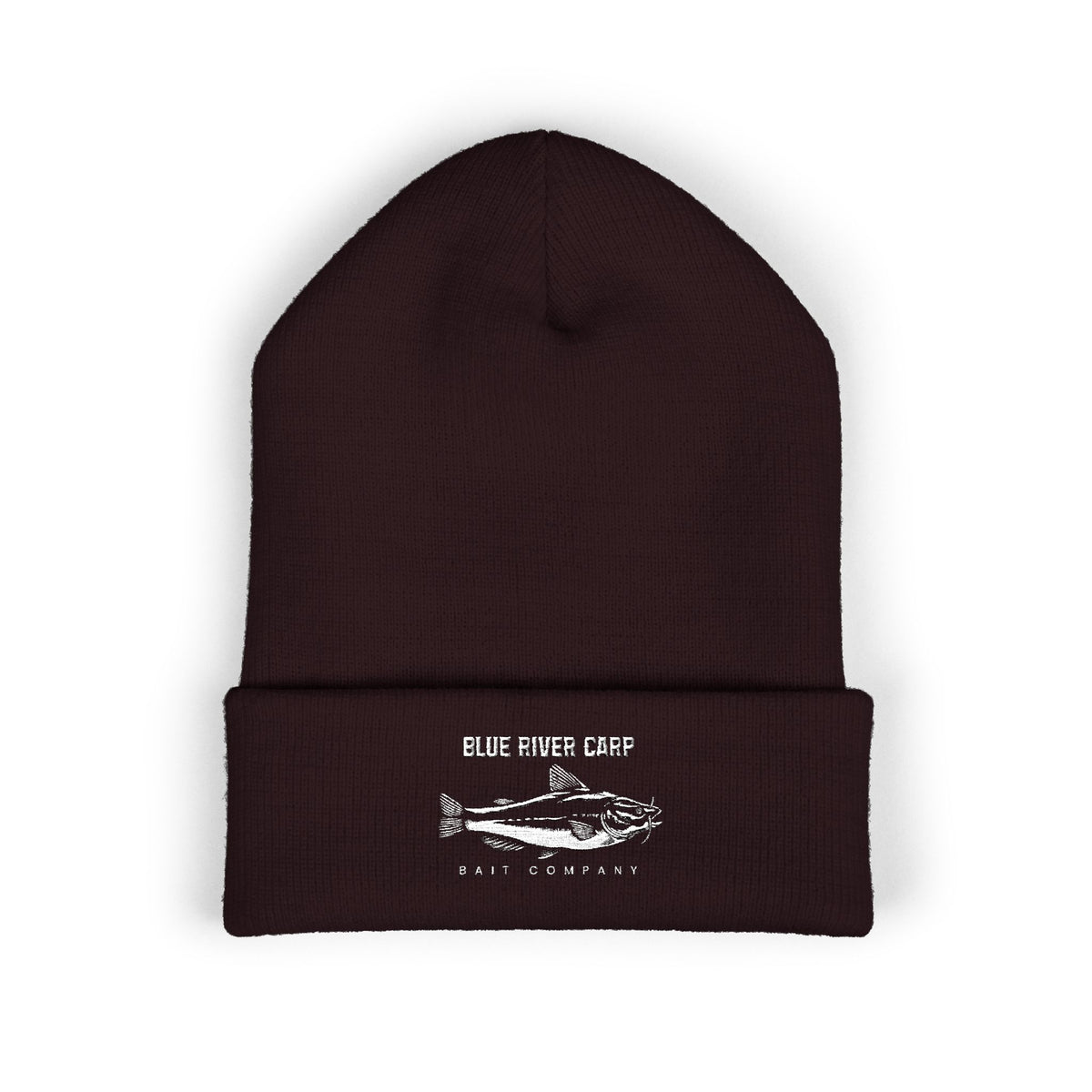Blue River Carp Fishing Embroidered Cuffed Beanie (White Thread)