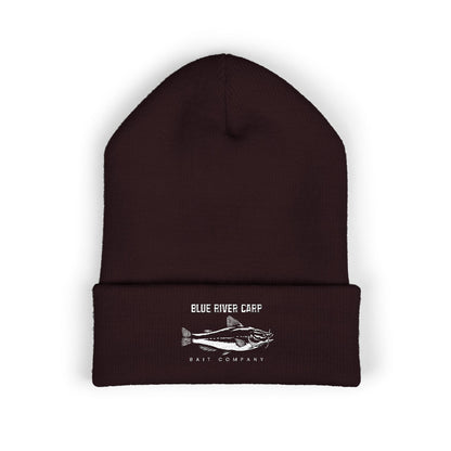Blue River Carp Fishing Embroidered Cuffed Beanie (White Thread)