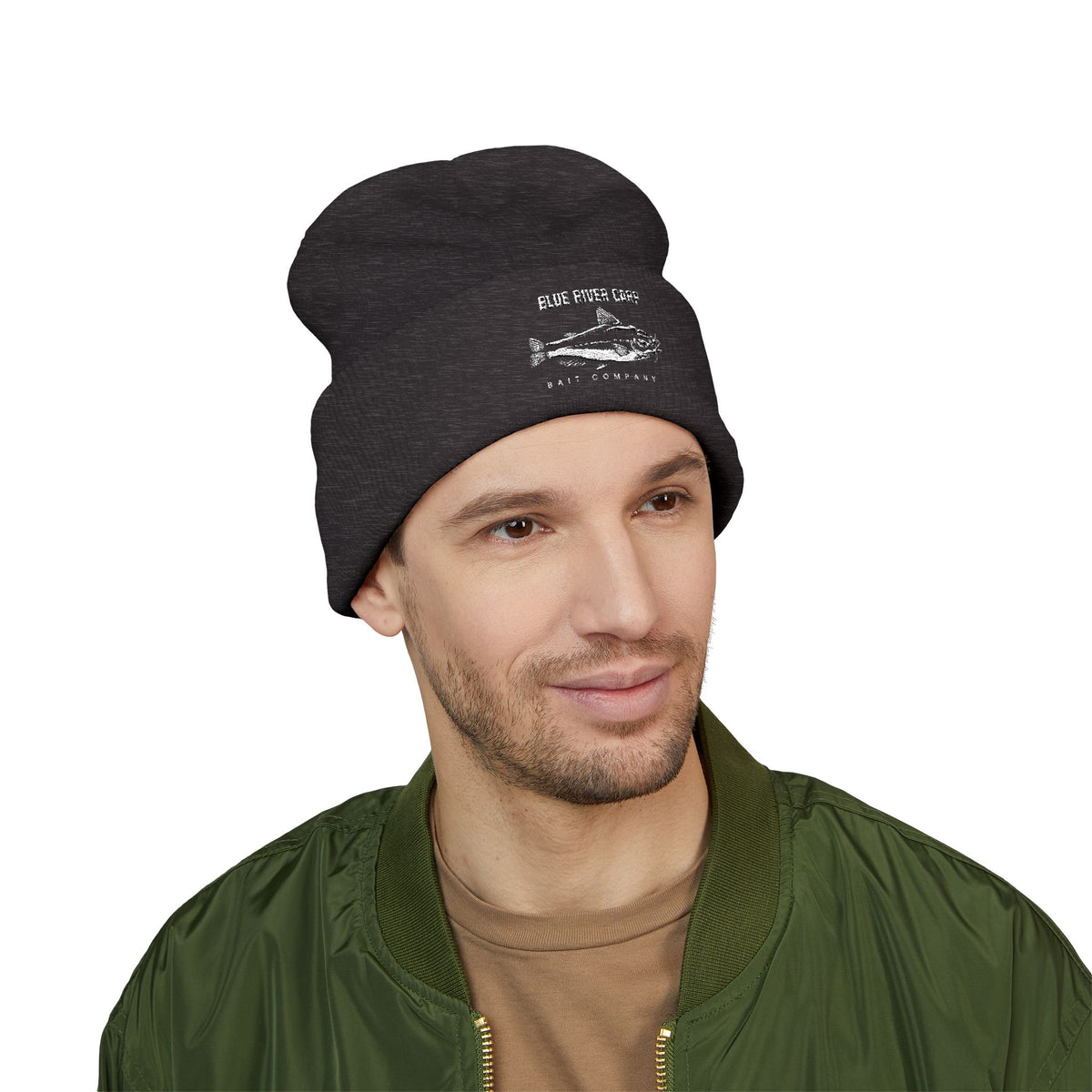 Blue River Carp Fishing Embroidered Cuffed Beanie (White Thread)