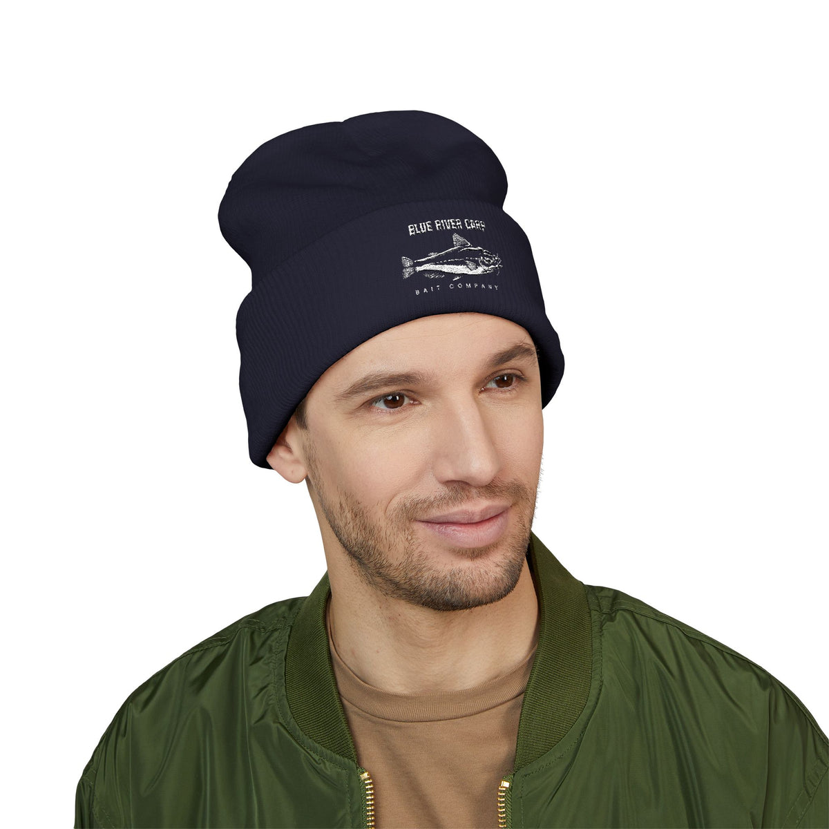 Blue River Carp Fishing Embroidered Cuffed Beanie (White Thread)