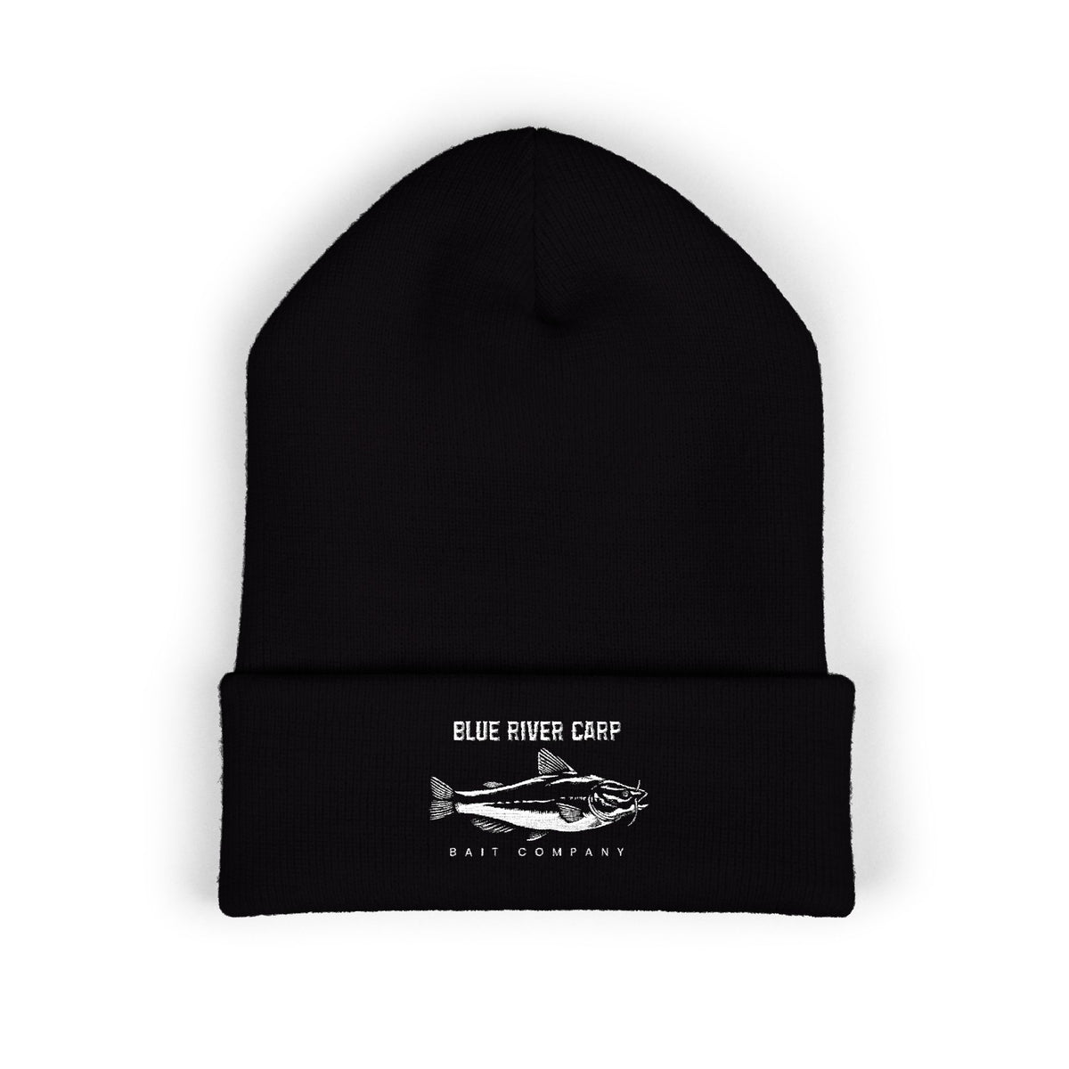 Blue River Carp Fishing Embroidered Cuffed Beanie (White Thread)