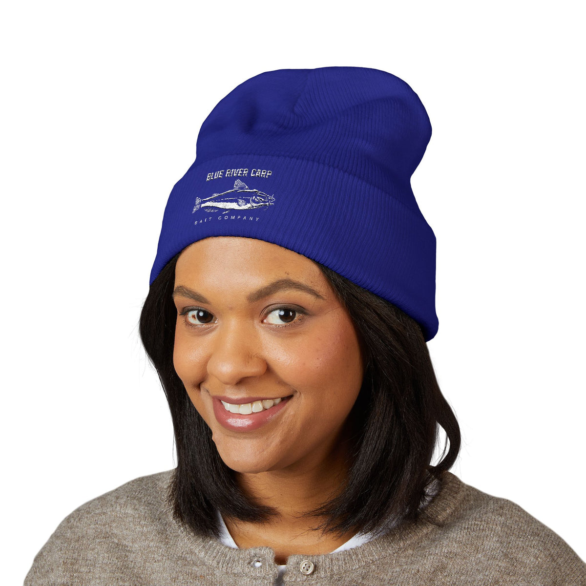 Blue River Carp Fishing Embroidered Cuffed Beanie (White Thread)