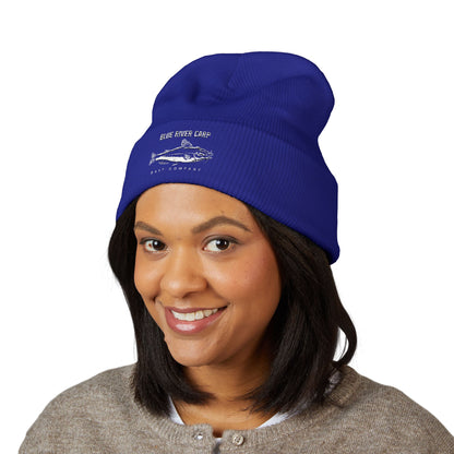 Blue River Carp Fishing Embroidered Cuffed Beanie (White Thread)