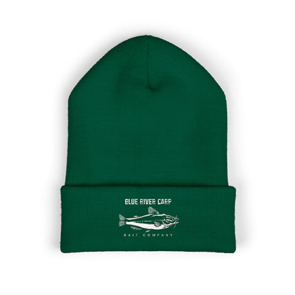 Blue River Carp Fishing Embroidered Cuffed Beanie (White Thread)